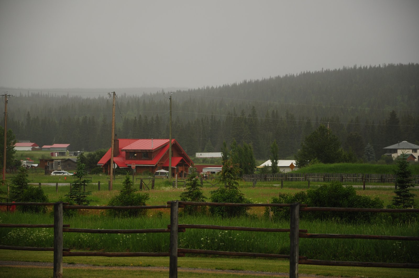 A red-roofed ranch house against a fog-covered treeline in the rain
